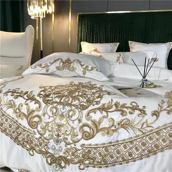 Nová Biela Luxusné Európske Kráľovské Zlaté Výšivky 60. ROKOCH Saténové, Hodvábne Bavlnená posteľná bielizeň Nastaviť Perinu Posteľná Bielizeň Vybavené List obliečky na Vankúše
