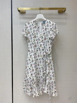 2020 Letné dámske Šaty Nové Temperament Vták-kvetinový Tlač V Krku Lotus Leaf Bežné Šaty Šaty Šaty Elegantné Biele Šaty