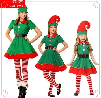 Vianočný kostým detský Christmas elf cosplay kostým rodič-dieťa nosiť dospelých detí, mužov a žien, zelená Vianočné costume
