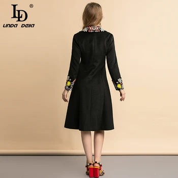 LD LINDA DELLA Módny Návrhár Zimné Vintage Čierny Plášť Žien Elegantný Kvetinové Výšivky Outwear Vlna Dlhý Kabát