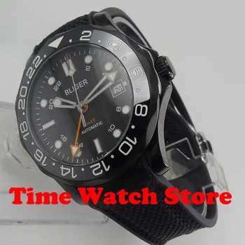 Bliger 41mm GMT 3804 PVD prípade automatické pánske hodinky zafírové sklo black dial svetelný keramická fazeta nepremokavé deployant