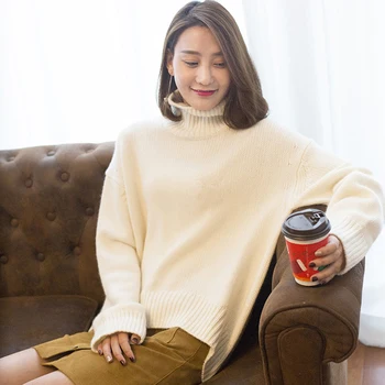 Jeseň zima nové cashmere sveter žien plus veľkosť hrubé turtleneck farbou voľné lenivý pletený pulóver klesnutie tričko