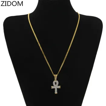 Vysoká kvalita Zlatá farba hip hop Egyptský symbol Ankh Kľúčový prívesok kríž náhrdelník s 24 inch dlhé kubánskej reťazí pre unisex šperky