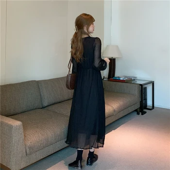 Elegantné Šaty Žien Bežné Čipky Dlhý Rukáv jednodielne Šaty kórejský Tlačidlo Večierok tvaru Vintage Šaty Žena 2020 Jeseň