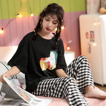 Pajama Sady Ženy Kórejský Prekladané Vytlačené Jednoduché Voľné Ležérne Módne Sladké Ženské Sleepwear Pohodlné Priedušný Odev Chic