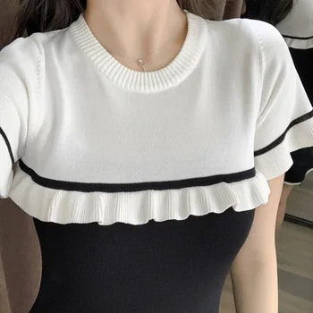 2020 Nové Letné Ženy Šaty Čierne Biele Krátke Volánikmi Mini Šaty A-line kórejský O-Krku Ležérne Módne Impérium Patchwork Šaty