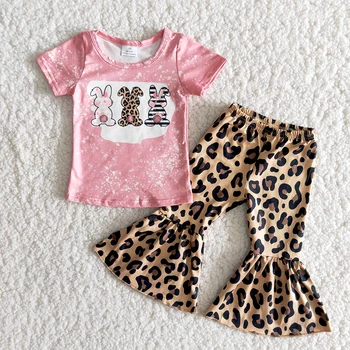 Veľkoobchod Vysokej Kvality Veľkonočné Deň Oblečenie Set Sa Dievča, Ružová Farba Tričko A Leopard Bell Nohavice Deti Roztomilý Králiky Oblečenie