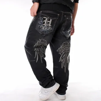 Muži street dance hip hopu Módne Džínsy výšivky Black Voľné rada Džínsové nohavice Celkovo Mužského Rap, Hip Hop Rifle Plus Veľkosť 30-46