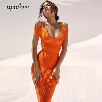 Ženy Obväz Šaty 2020 Nových Prírastkov Elegantné Letné Vypnutie Ramenný Obväz Šaty Orange Sexy Bodycon Šaty Party Club Vestidos