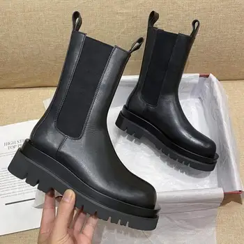 2020 Luxusné Chelsea Boots Ženy Platformu Dámy Topánky Robustný Zime Krátke Topánky, Členkové Topánky Silné Päty Značky Dizajnér Kože