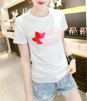 2020 letné módy Korálkové Pery Bow-tie T-shirt Ženy Kolo Golier, krátky rukáv Voľné tričko fenku Topy plus veľkosti 6xl r568