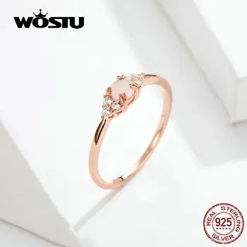 WOSTU Elegantné Rose Gold Crystal Krúžok 925 Sterling Silver Ružový Opál Zirkón Prstene Pre Ženy, Svadby, Módne Šperky CQR534
